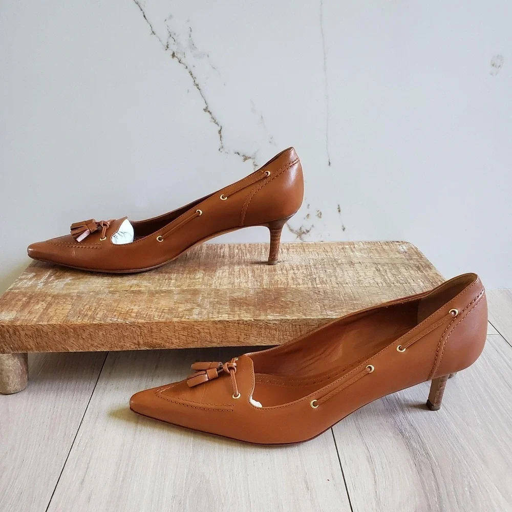 Brooks Brothers Pumps Womens 8 Brown Leather Tassel Pointed Kitten Heel Italy